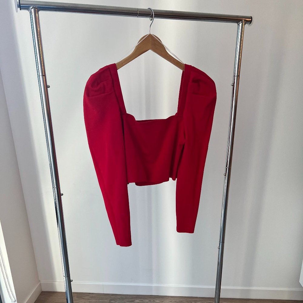 Fabrik Red Puff Sleeve Crop Top, Square Neck